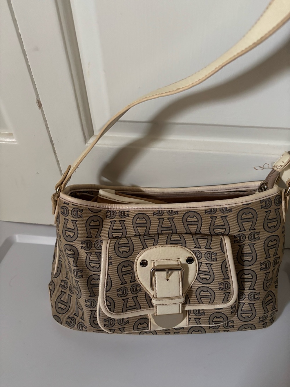 Etienne Aigner Beige Monogram Shoulder Bag with Cream Trim